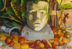 Máscara e Roda<br>acrílico sobre madeira - 77 x 56 cm